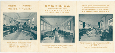 710520 Reclamefolder van R.O. Bottinga & Co., Piano- en Orgelhandel, Plompetorengracht 6 te Utrecht en 1e Dorpstraat 12 ...